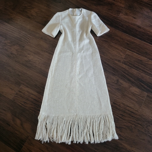 ZARA Ivory Tweed Textured Fringe‎ Trim Maxi Dress Size Small - Picture 5 of 16